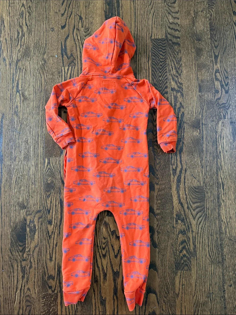 Hugo Loves Tiki Hooded Zip-Front One-Piece in Orange with Car Print